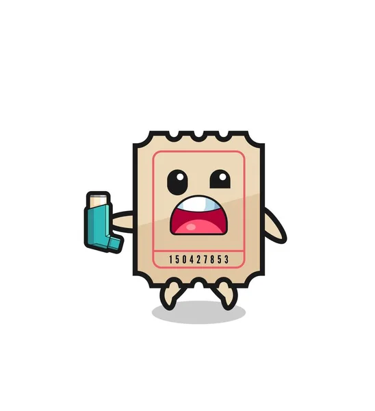 Ticket Mascot Having Asthma While Holding Inhaler Cute Design — Stockový vektor