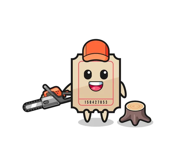 Ticket Lumberjack Character Holding Chainsaw Cute Design — Vettoriale Stock