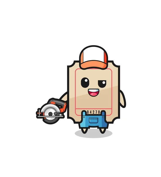 Woodworker Ticket Mascot Holding Circular Saw Cute Design — Stockový vektor