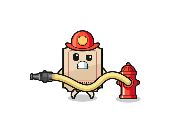 Ticket Cartoon Firefighter Mascot Water Hose Cute Design —  Vetores de Stock