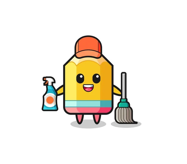 Cute Pencil Character Cleaning Services Mascot Cute Design —  Vetores de Stock