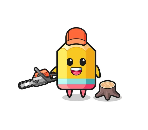 Pencil Lumberjack Character Holding Chainsaw Cute Design — Vettoriale Stock