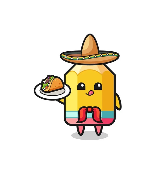 Pencil Mexican Chef Mascot Holding Taco Cute Design — Stockvector