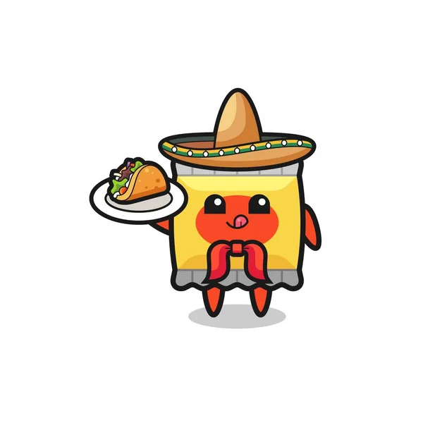 Snack Mexican Chef Mascot Holding Taco Cute Design — Vetor de Stock