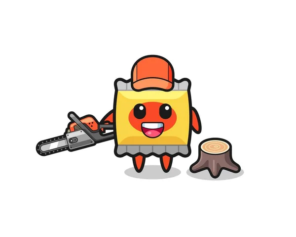 Snack Lumberjack Character Holding Chainsaw Cute Design — Stock Vector
