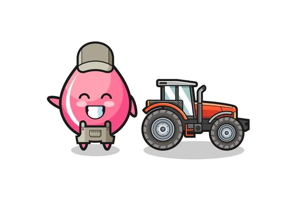 Strawberry Juice Drop Farmer Mascot Standing Tractor Cute Design —  Vetores de Stock