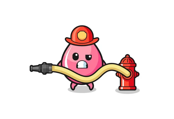 Strawberry Juice Drop Cartoon Firefighter Mascot Water Hose Cute Design —  Vetores de Stock