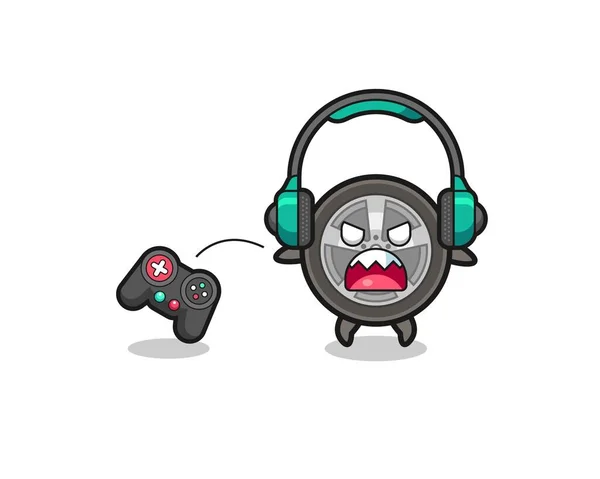 Car Wheel Gamer Mascot Angry Cute Design — 스톡 벡터