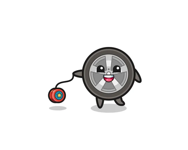 Cartoon Cute Car Wheel Playing Yoyo Cute Design — Image vectorielle