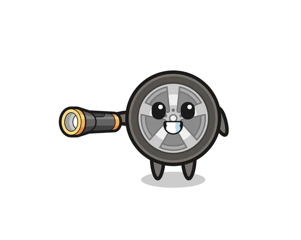 Car Wheel Mascot Holding Flashlight Cute Design — Vettoriale Stock