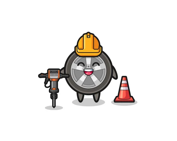 Road Worker Mascot Car Wheel Holding Drill Machine Cute Design — Stok Vektör