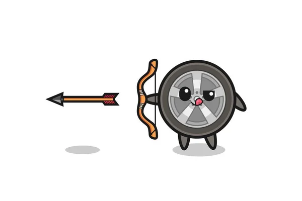 Illustration Car Wheel Character Doing Archery Cute Design — Wektor stockowy