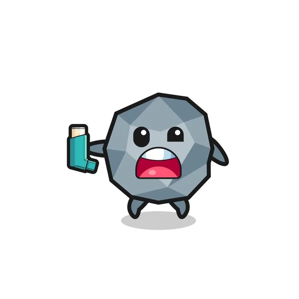 Stone Mascot Having Asthma While Holding Inhaler Cute Design — Vetor de Stock