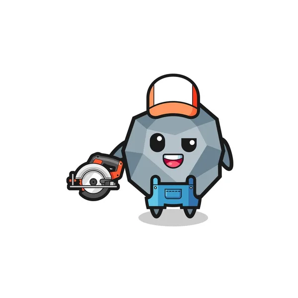 Woodworker Stone Mascot Holding Circular Saw Cute Design — Archivo Imágenes Vectoriales