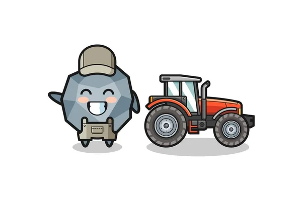 Stone Farmer Mascot Standing Tractor Cute Design — Stock vektor