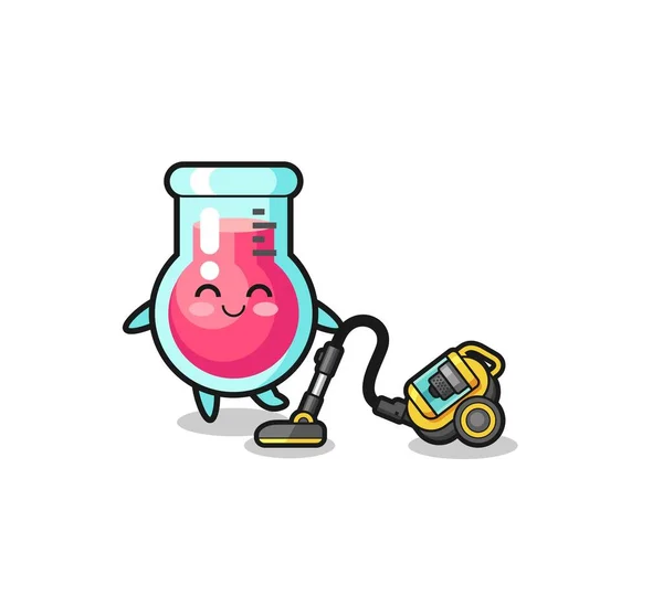 Cute Laboratory Beaker Holding Vacuum Cleaner Illustration Cute Design — Stock Vector