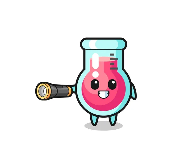 Laboratory Beaker Mascot Holding Flashlight Cute Design — Vettoriale Stock