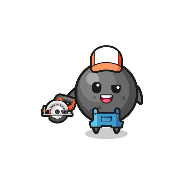 Woodworker Cannon Ball Mascot Holding Circular Saw Cute Design — Vettoriale Stock