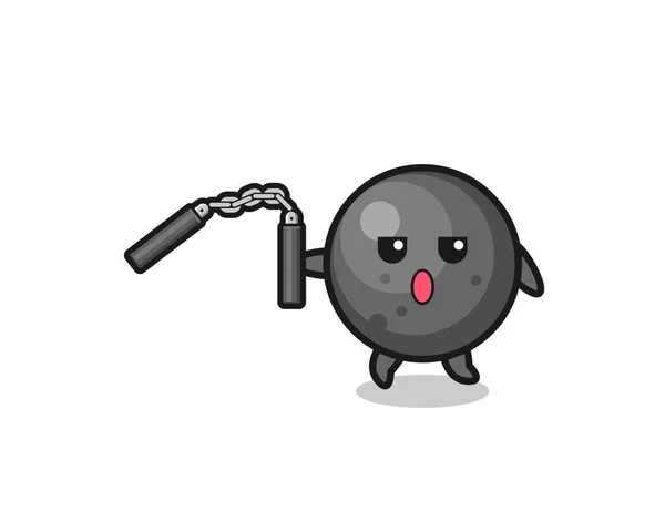 Cartoon Cannon Ball Using Nunchaku Cute Design — стоковый вектор