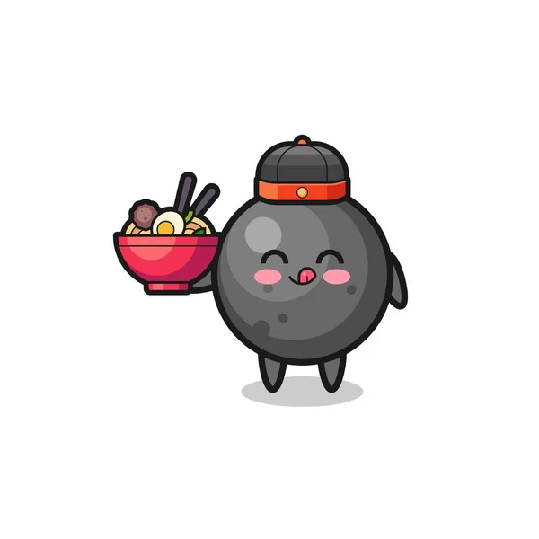 Cannon Ball Chinese Chef Mascot Holding Noodle Bowl Cute Design — Stockvector