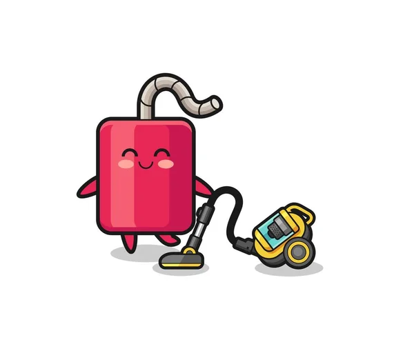 Cute Dynamite Holding Vacuum Cleaner Illustration Cute Design — Stock Vector
