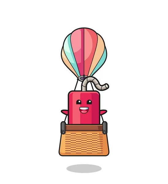 熱気球に乗るダイナマイトマスコットかわいいデザイン — ストックベクタ