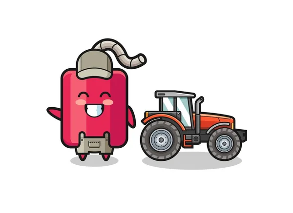 Dynamite Farmer Mascot Standing Tractor Cute Design — Stockvektor