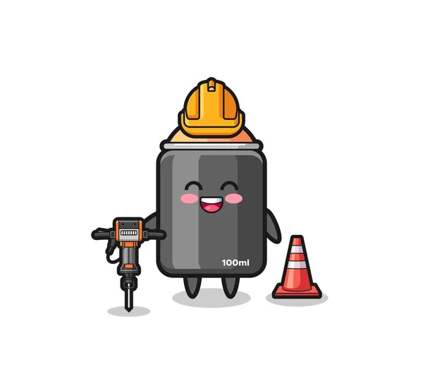 Road Worker Mascot Car Wheel Holding Drill Machine Cute Design Stock