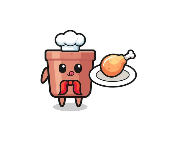 Flowerpot Fried Chicken Chef Cartoon Character Cute Design — стоковый вектор