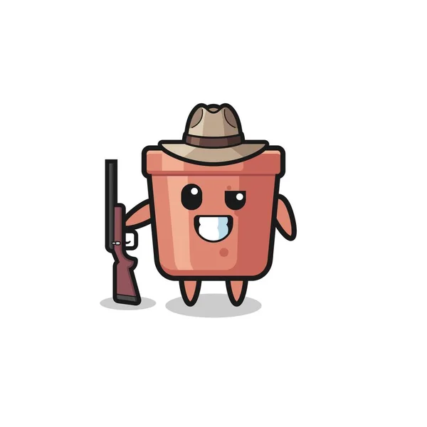 Flowerpot Hunter Mascot Holding Gun Cute Design — Stok Vektör