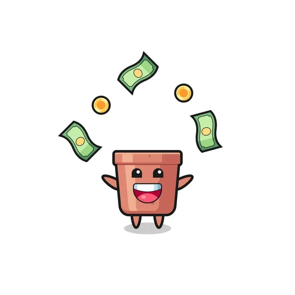 Illustration Flowerpot Catching Money Falling Sky Cute Design — Stok Vektör