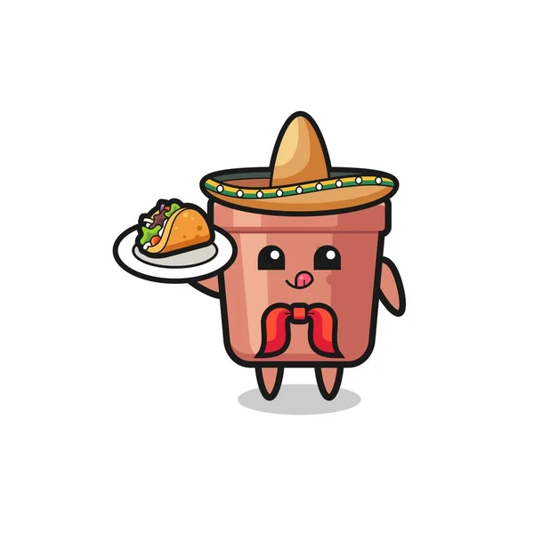 Flowerpot Mexican Chef Mascot Holding Taco Cute Design — Stock vektor