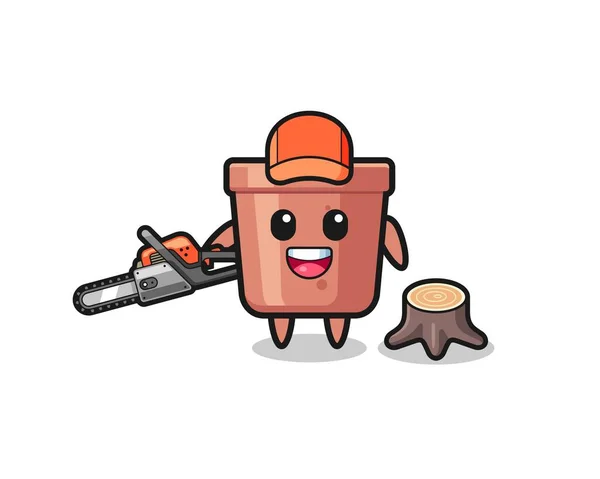 Flowerpot Lumberjack Character Holding Chainsaw Cute Design — Image vectorielle