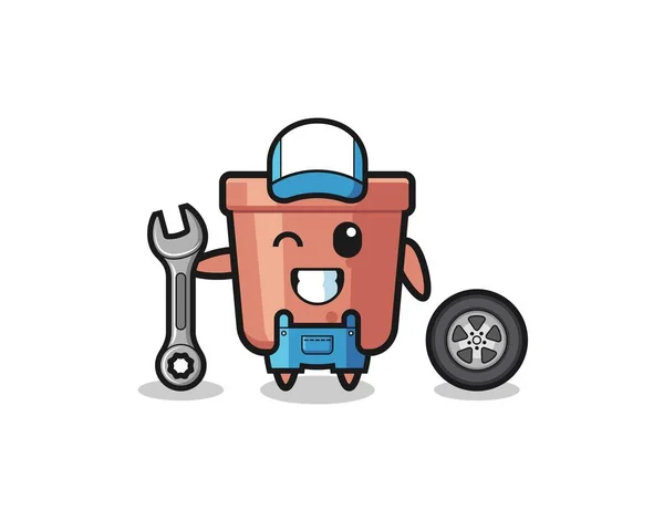 Flowerpot Character Mechanic Mascot Cute Design — Vetor de Stock