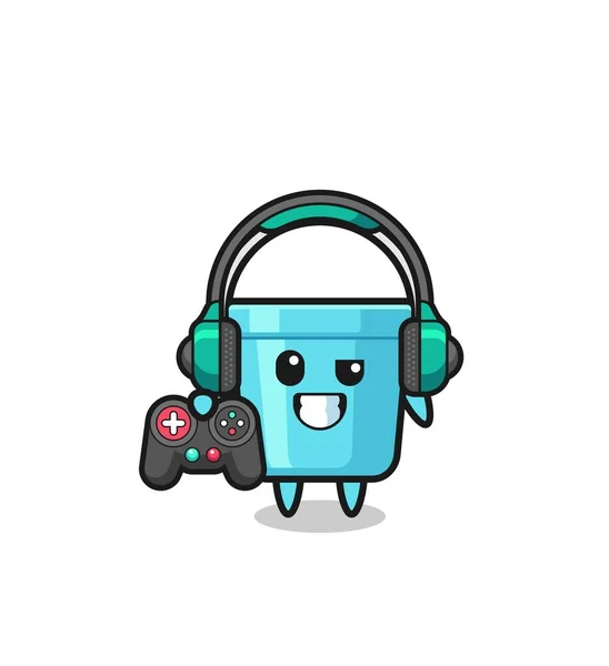 Plastic Bucket Gamer Mascot Holding Game Controlle — стоковый вектор