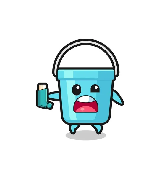 Plastic Bucket Mascot Having Asthma While Holding Inhale — 스톡 벡터