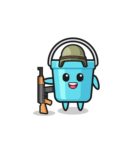 Cute Plastic Bucket Mascot Soldie — Vetor de Stock
