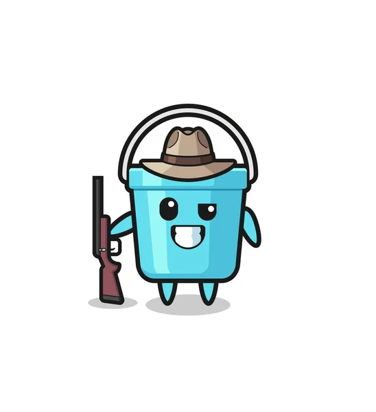 Plastic Bucket Hunter Mascot Holding — Vetor de Stock