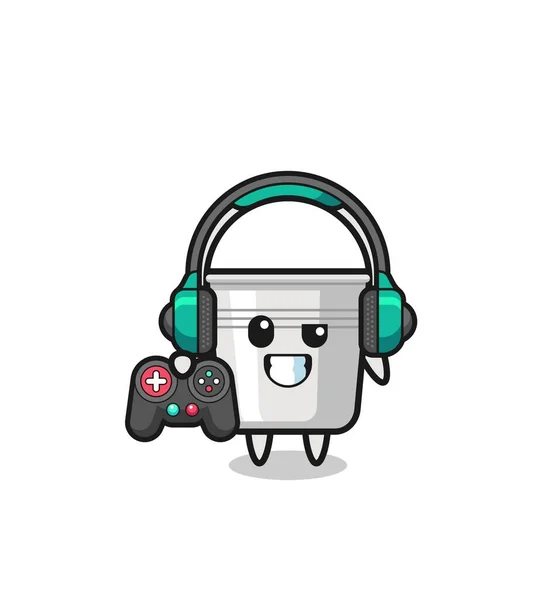 Metal Bucket Gamer Mascot Holding Game Controller Cute Design — Wektor stockowy