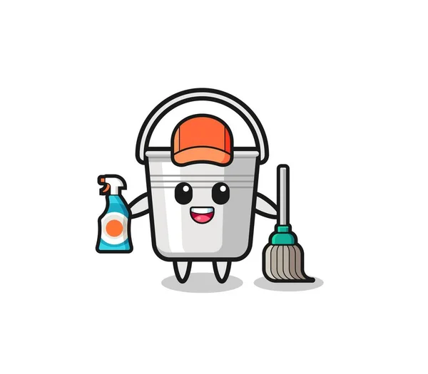 Cute Metal Bucket Character Cleaning Services Mascot Cute Design — Stock Vector