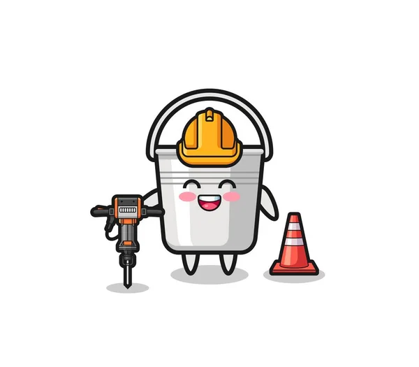 Road Worker Mascot Metal Bucket Holding Drill Machine Cute Design — Vector de stock