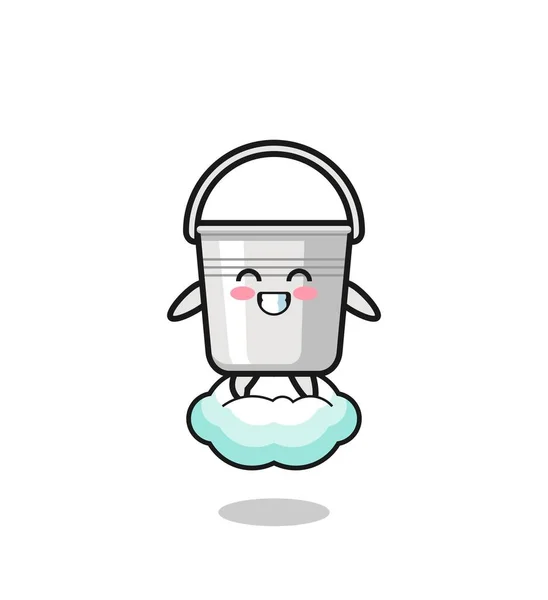 Cute Metal Bucket Illustration Riding Floating Cloud Cute Design — Stok Vektör