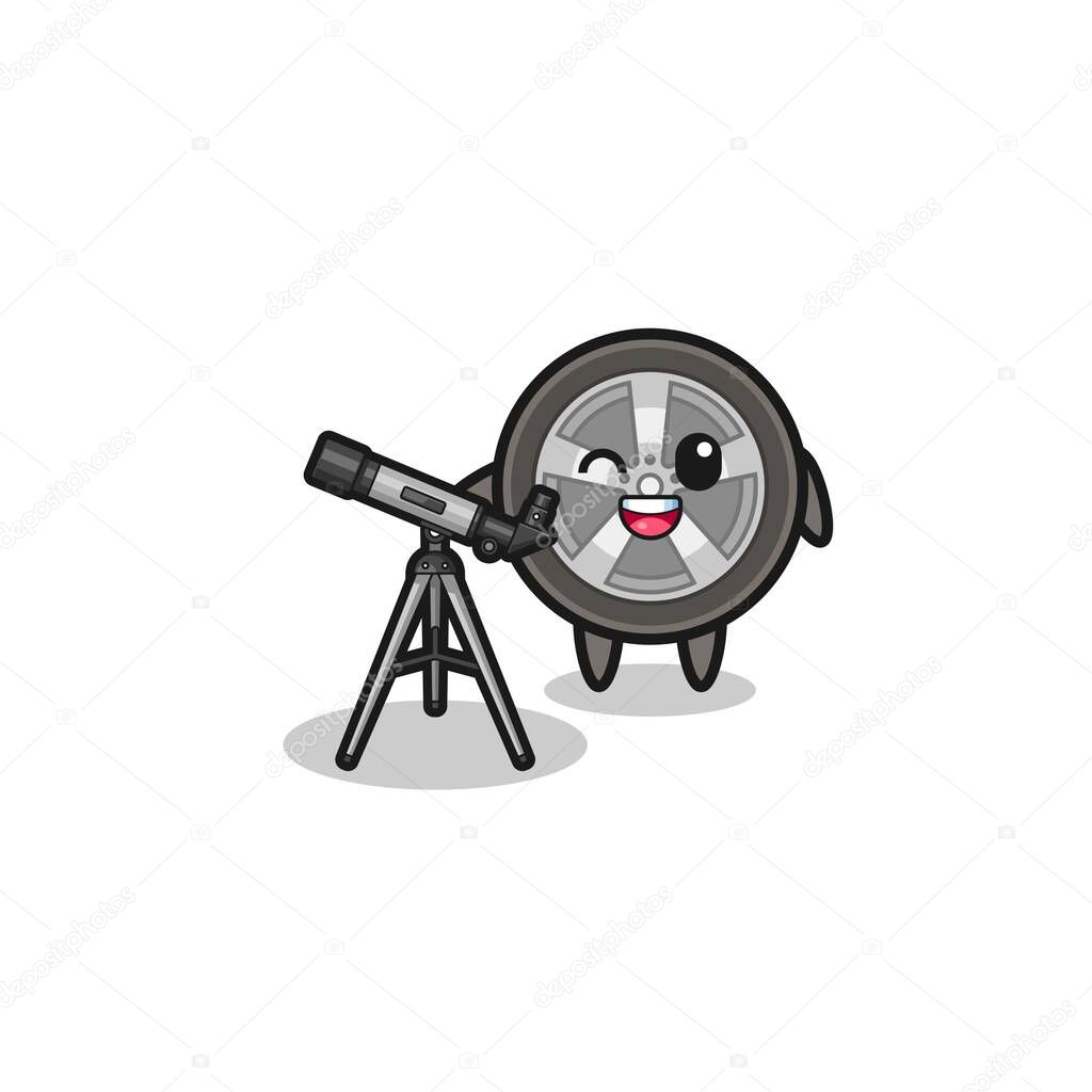 car wheel astronomer mascot with a modern telescope , cute design