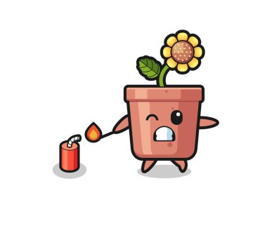 sunflower pot mascot illustration playing firecracker , cute design