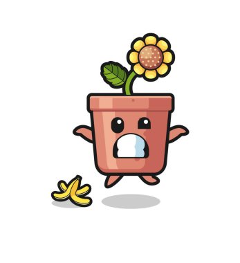 sunflower pot cartoon is slip on a banana peel , cute design