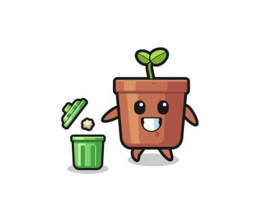 illustration of the plant pot throwing garbage in the trash can , cute design