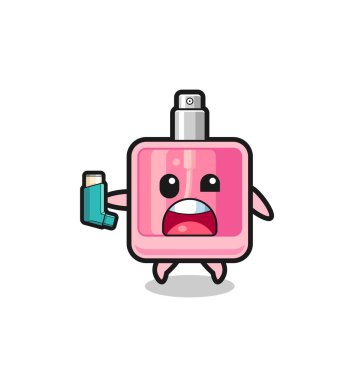 perfume mascot having asthma while holding the inhaler , cute design