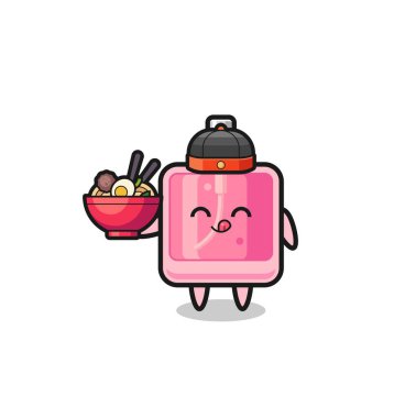 perfume as Chinese chef mascot holding a noodle bowl , cute design