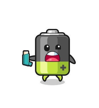 battery mascot having asthma while holding the inhaler , cute design