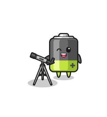 battery astronomer mascot with a modern telescope , cute design